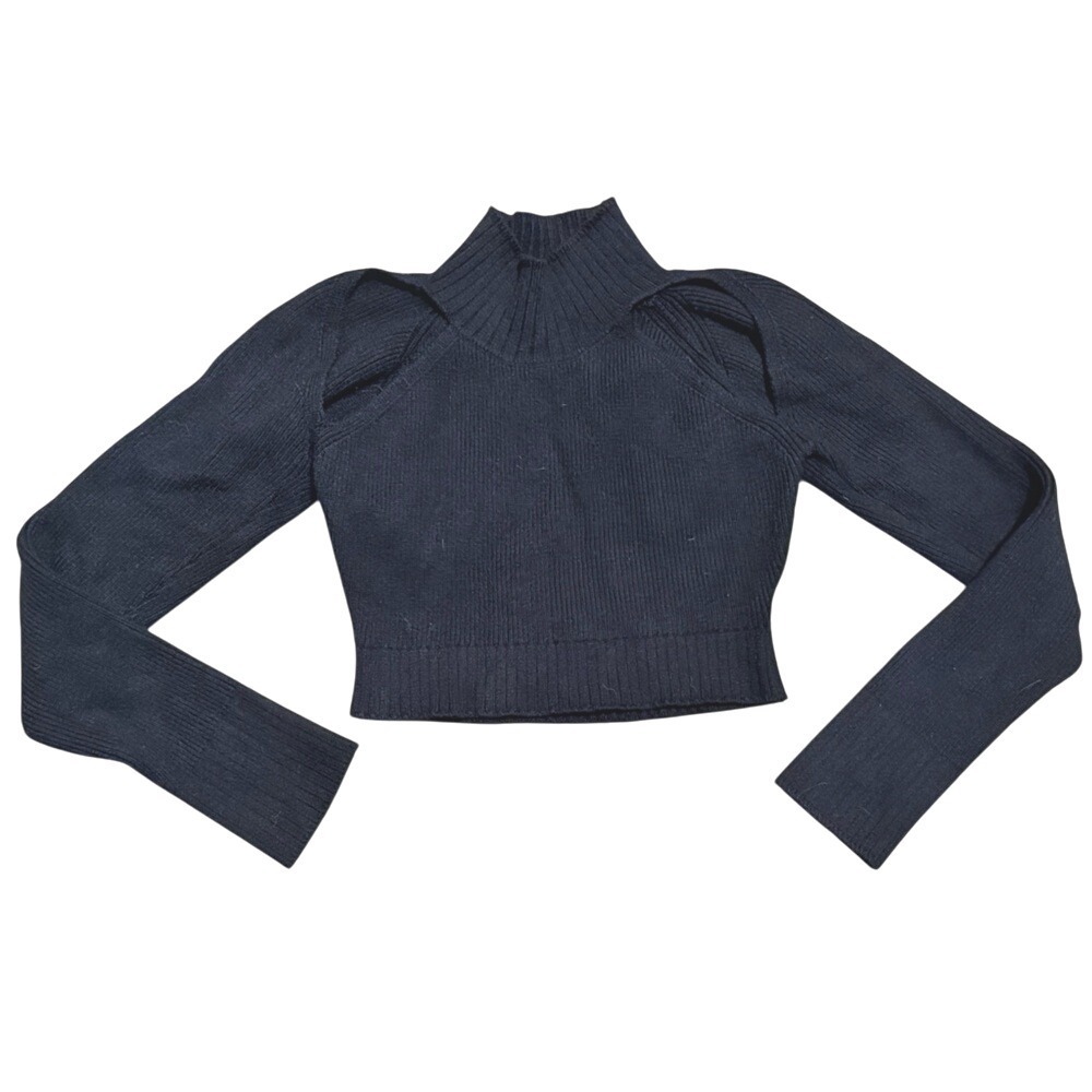 Commense Sweater S Small Black Cropped Turtleneck Cut Out Shoulder Sexy Sleek